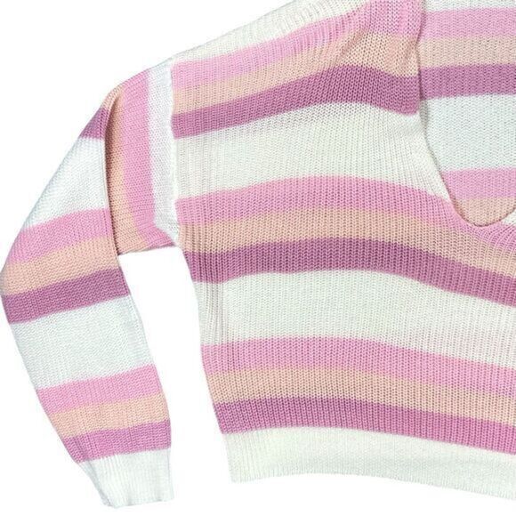 Pink Lily Hoodie Womens Sz M Pink White Striped Pull Over Knit Oversized Sweater - Picture 3 of 16